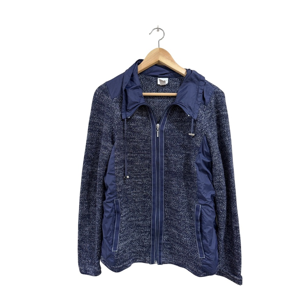 Weekends by Chico's Navy Marled Knit Mixed Media Hooded Full Zip Jacket Size 1